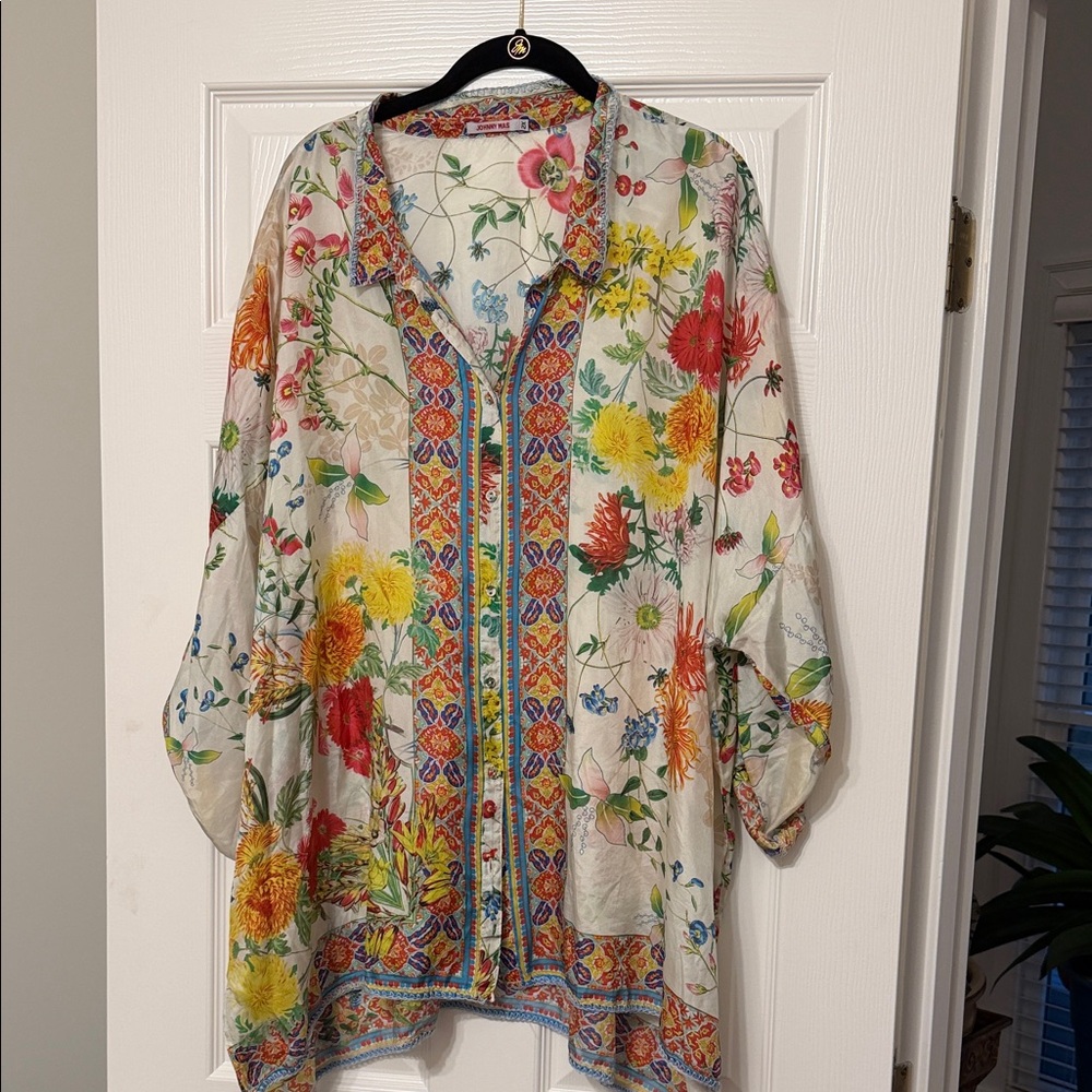 Johnny Was Floral Kimono with Red and Green Accents